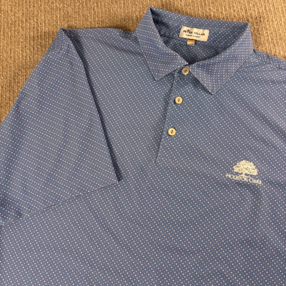 Peter Millar Summer Comfort Blue Polka Dot Polo Men Size XL EUC Houston Oaks CC